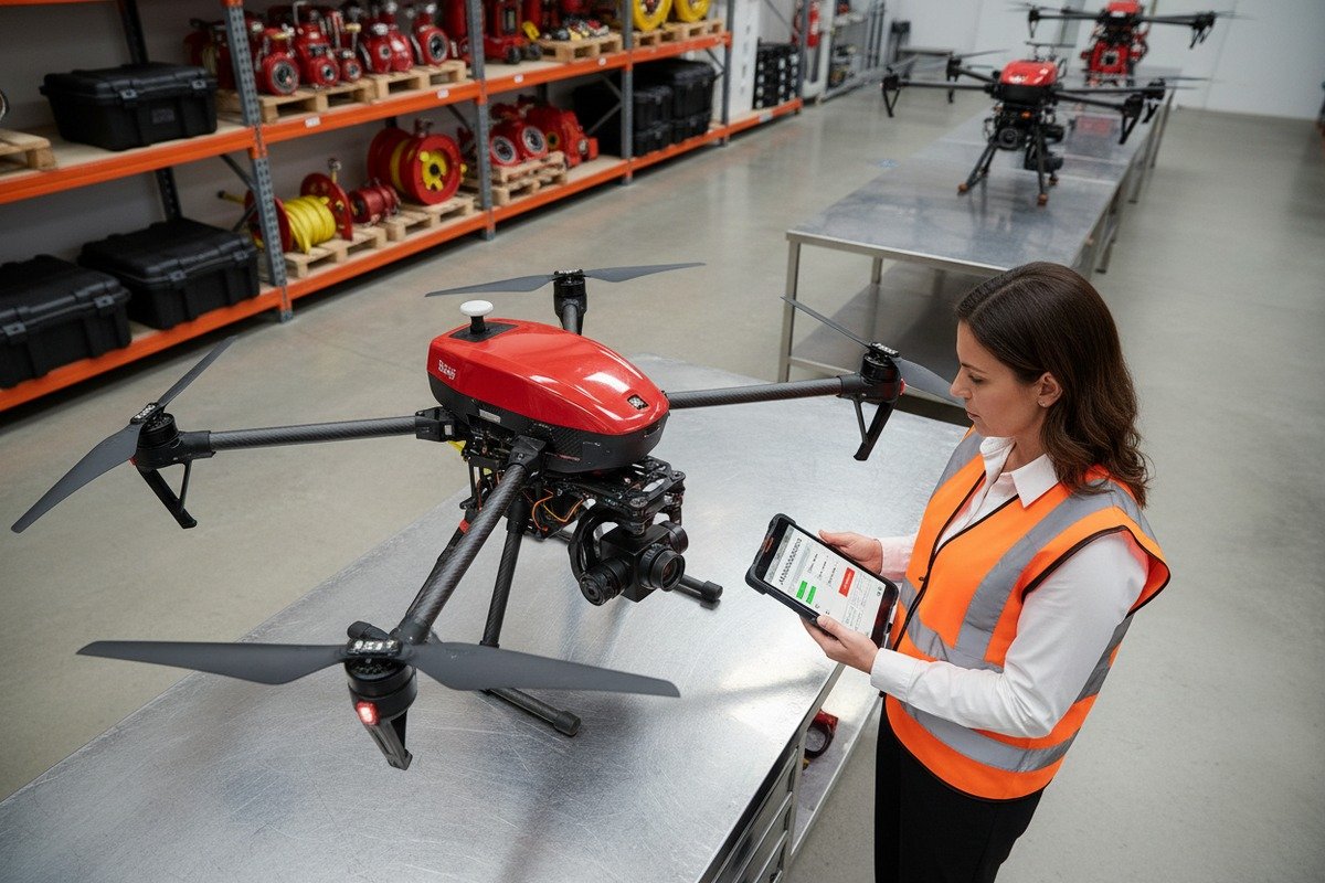 Professional inspection of a firefighting drone to identify potential defects and technical issues (ID#1)