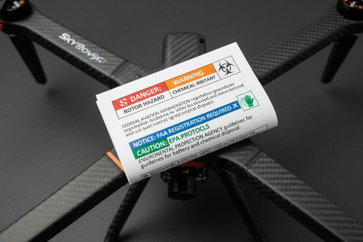 US-compliant safety warnings including FAA registration and ANSI Z535 formatted labels for drones (ID#2)