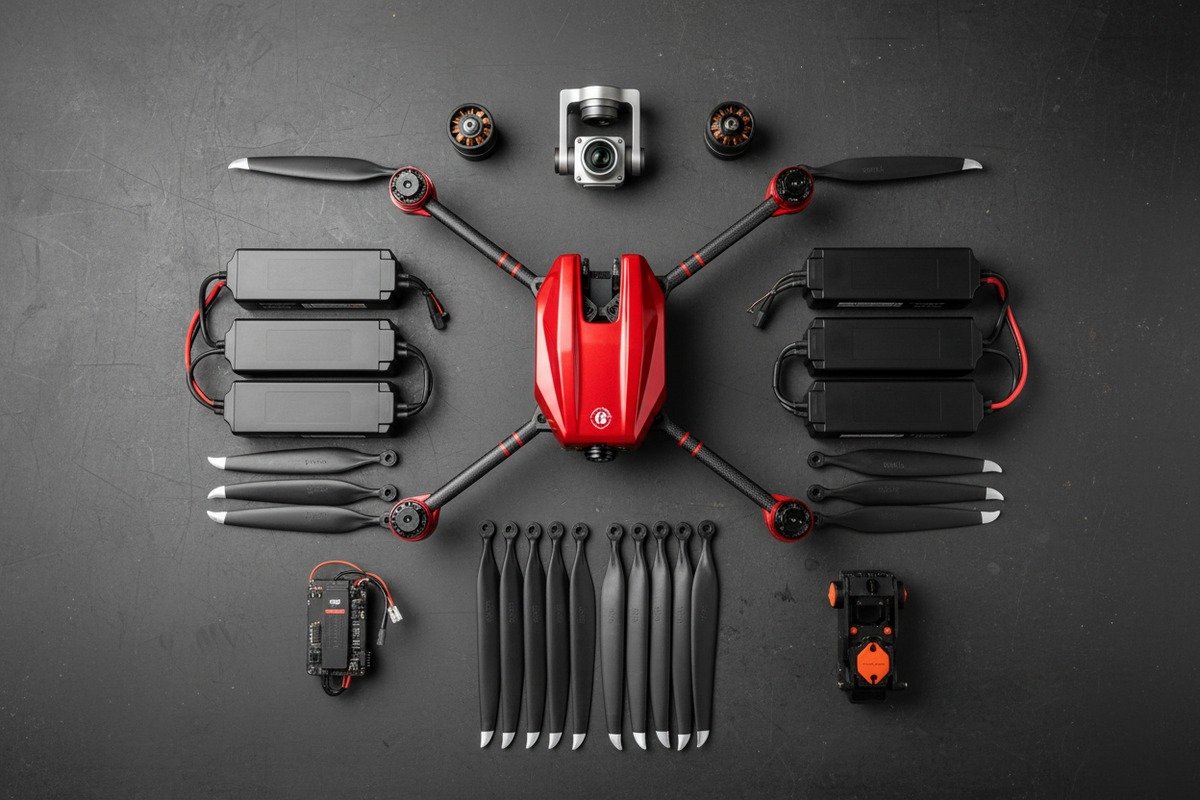 Essential firefighting drone spare parts including batteries, propellers, motors, and thermal sensors for procurement (ID#3)