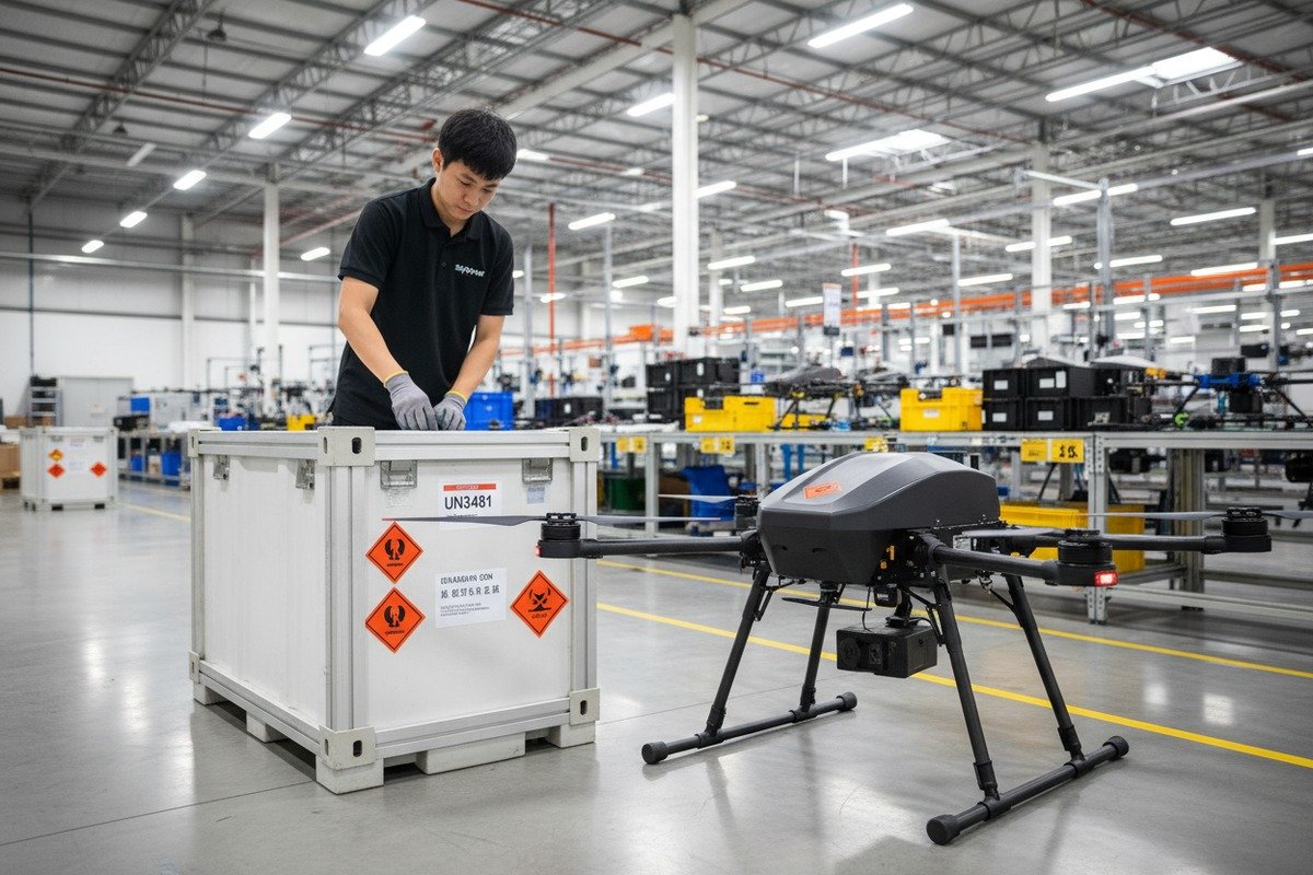 High-capacity drone batteries with UN38.3 certification and proper hazard labels for customs inspection (ID#4)