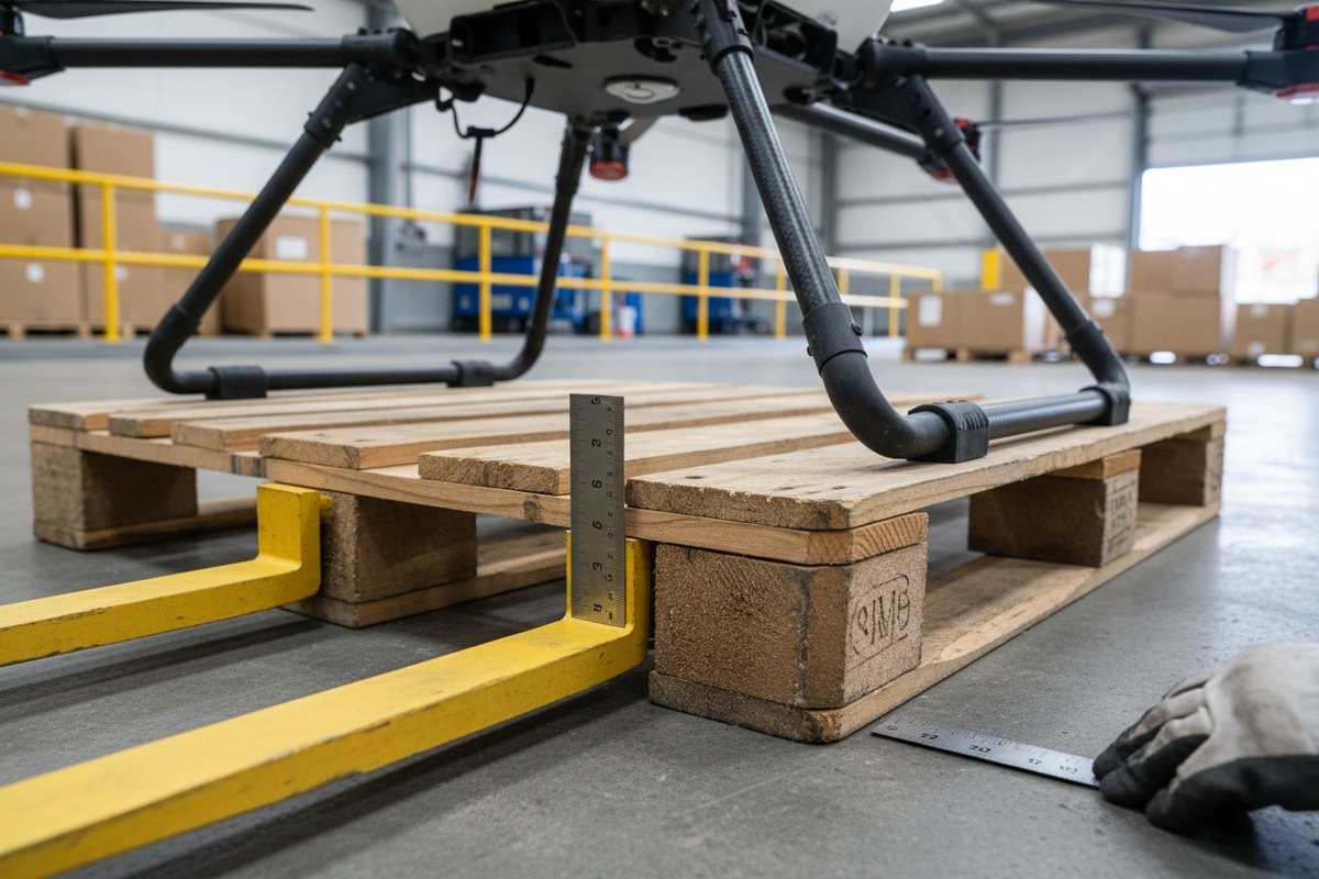 Verifying drone pallet dimensions and four-way entry compatibility for standard US forklift tines (ID#2)