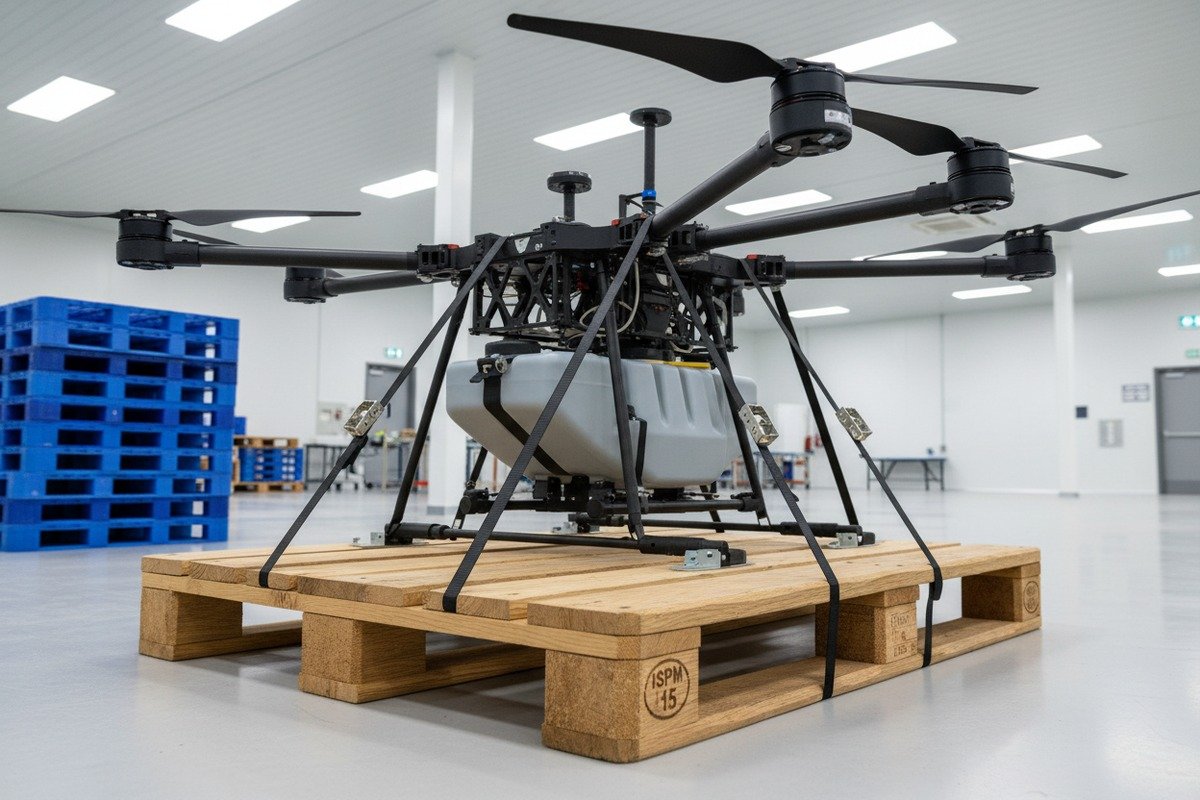 Heat-treated hardwood and HDPE plastic pallet materials for safe agricultural drone warehouse handling (ID#3)