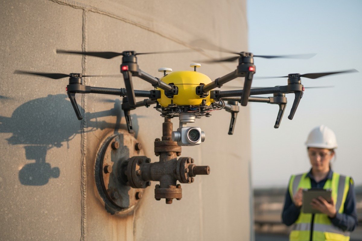 Multi-rotor drone hovering to detect leaks and corrosion in storage tank infrastructure (ID#3)