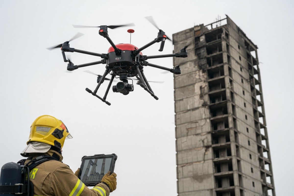 Firefighting drone zoom lens inspecting building cracks from a distance (ID#1)