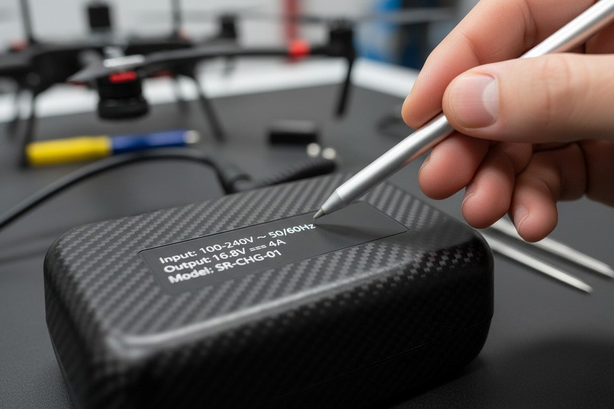Checking drone charger input labels for 100-240V and 50/60Hz European voltage compatibility (ID#2)