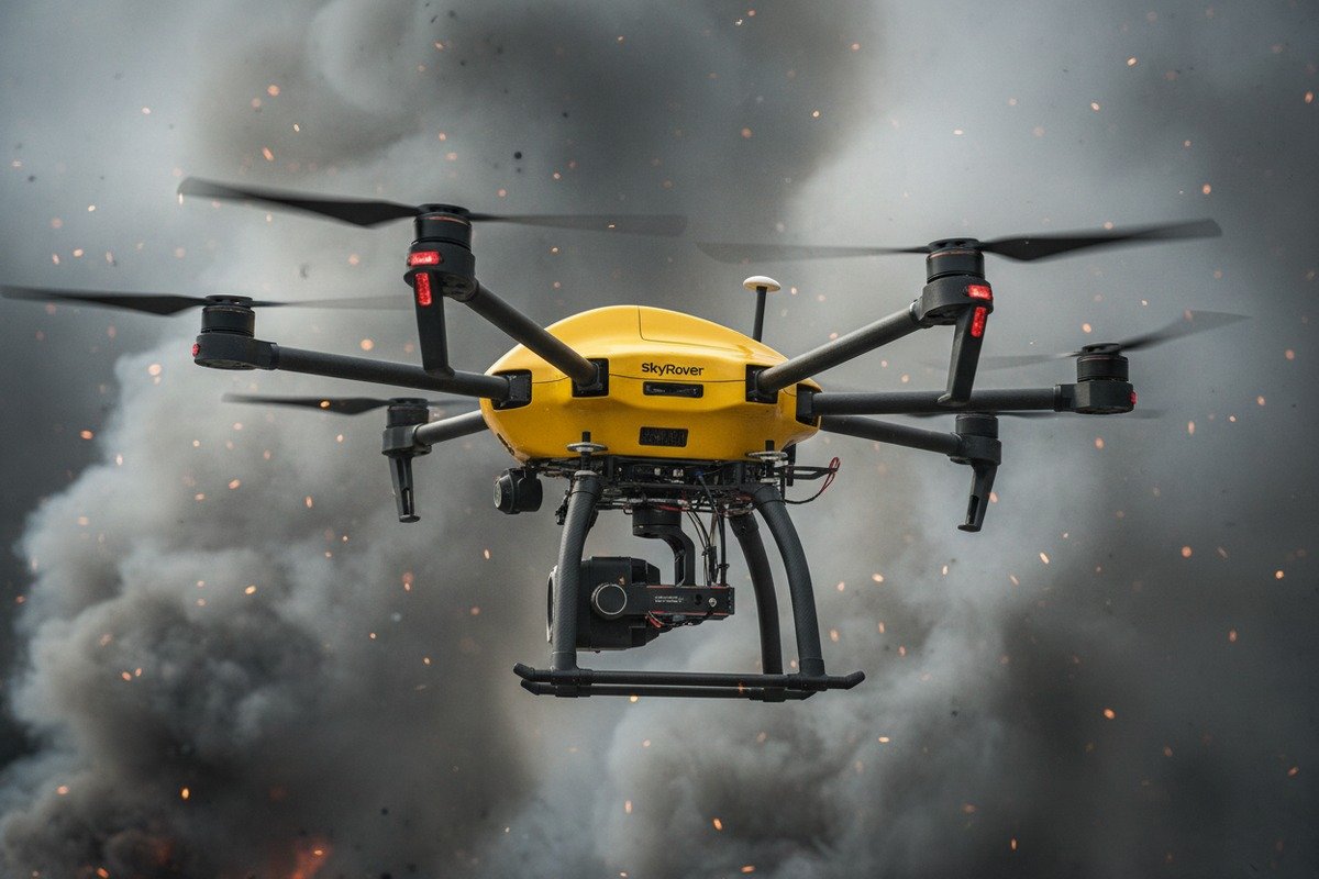 High-precision drone gimbal maintaining image clarity in heavy smoke and high wind conditions (ID#3)