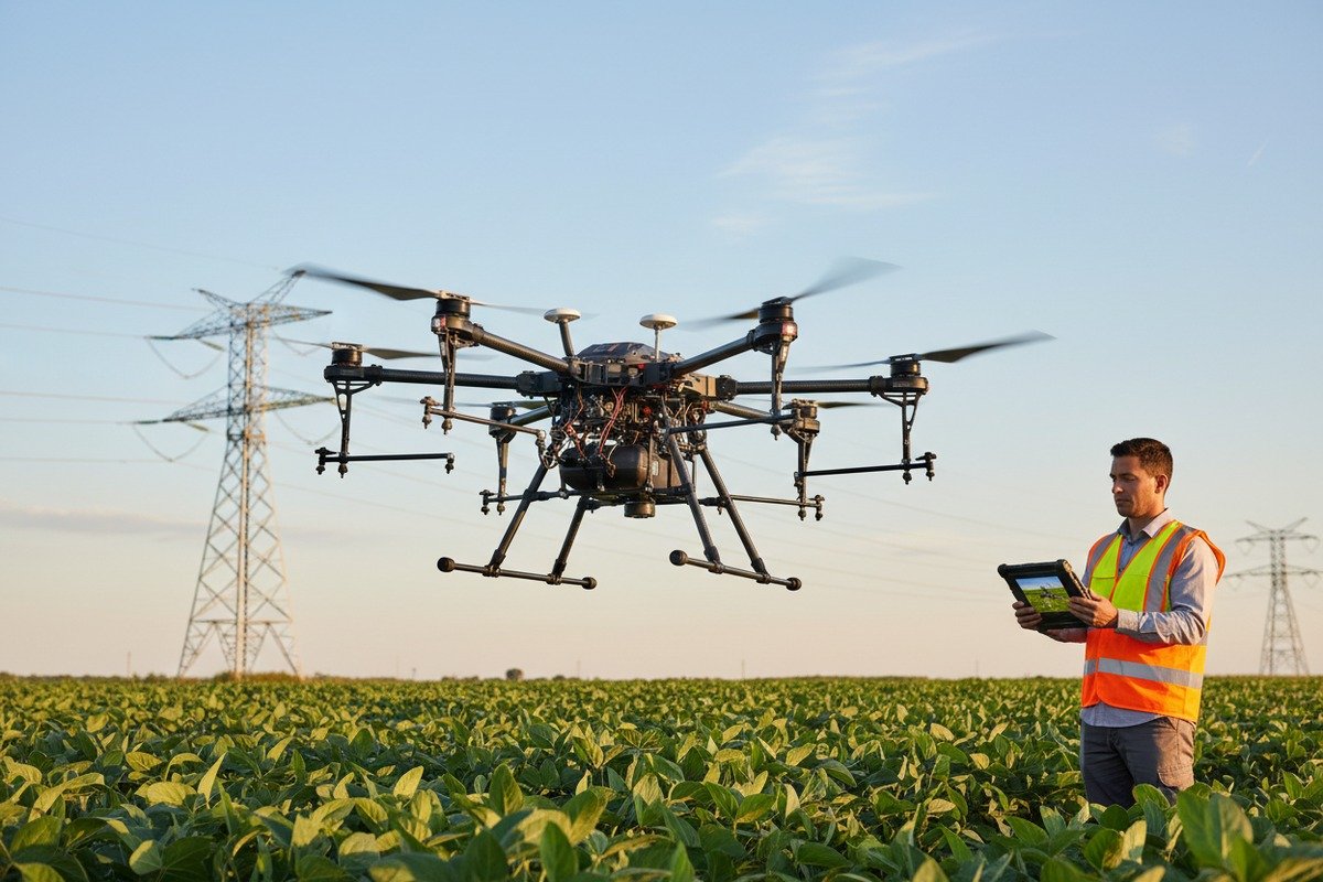 Agricultural drone flying near high-voltage power lines to verify EMI resistance (ID#1)