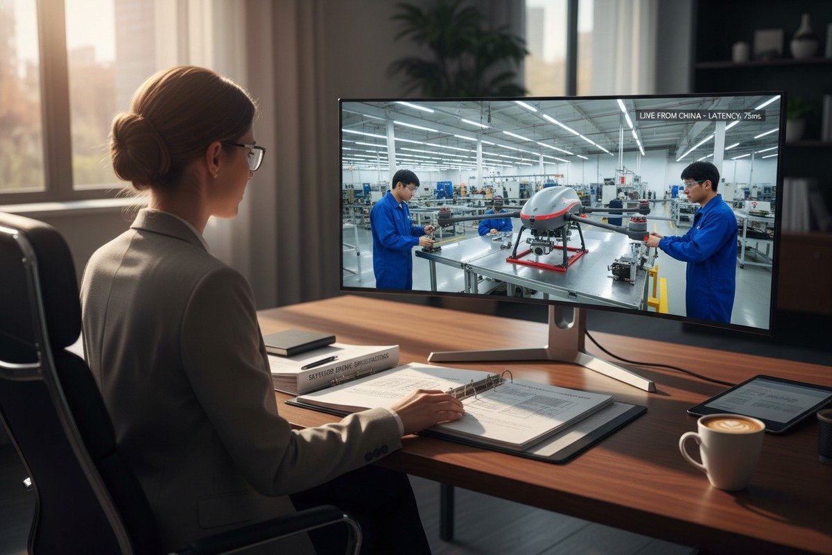 Verifying real-time video transmission quality during remote factory inspections for agricultural drone sourcing (ID#3)