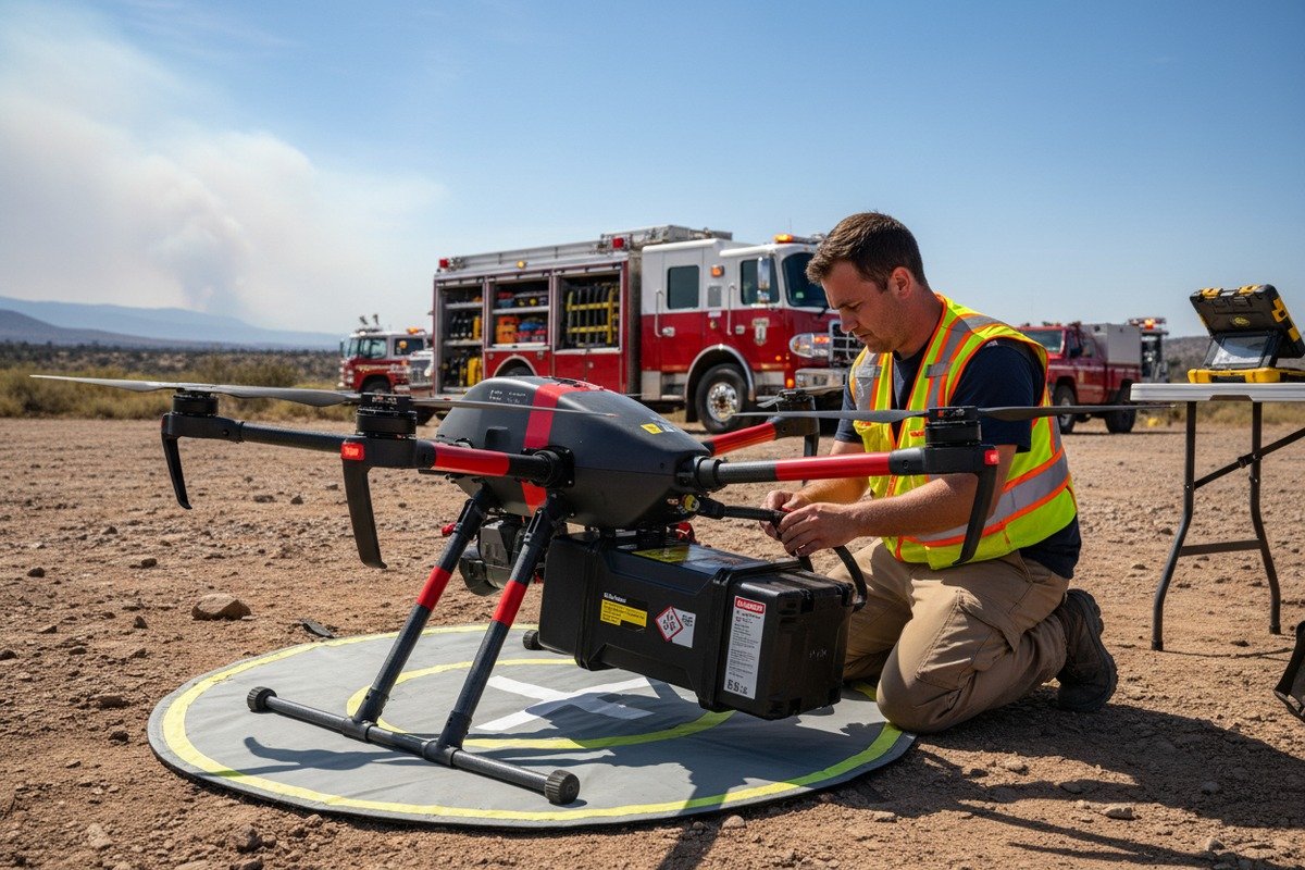 Safely testing firefighting drone battery connectors by disconnecting them before checking for spark prevention (ID#4)