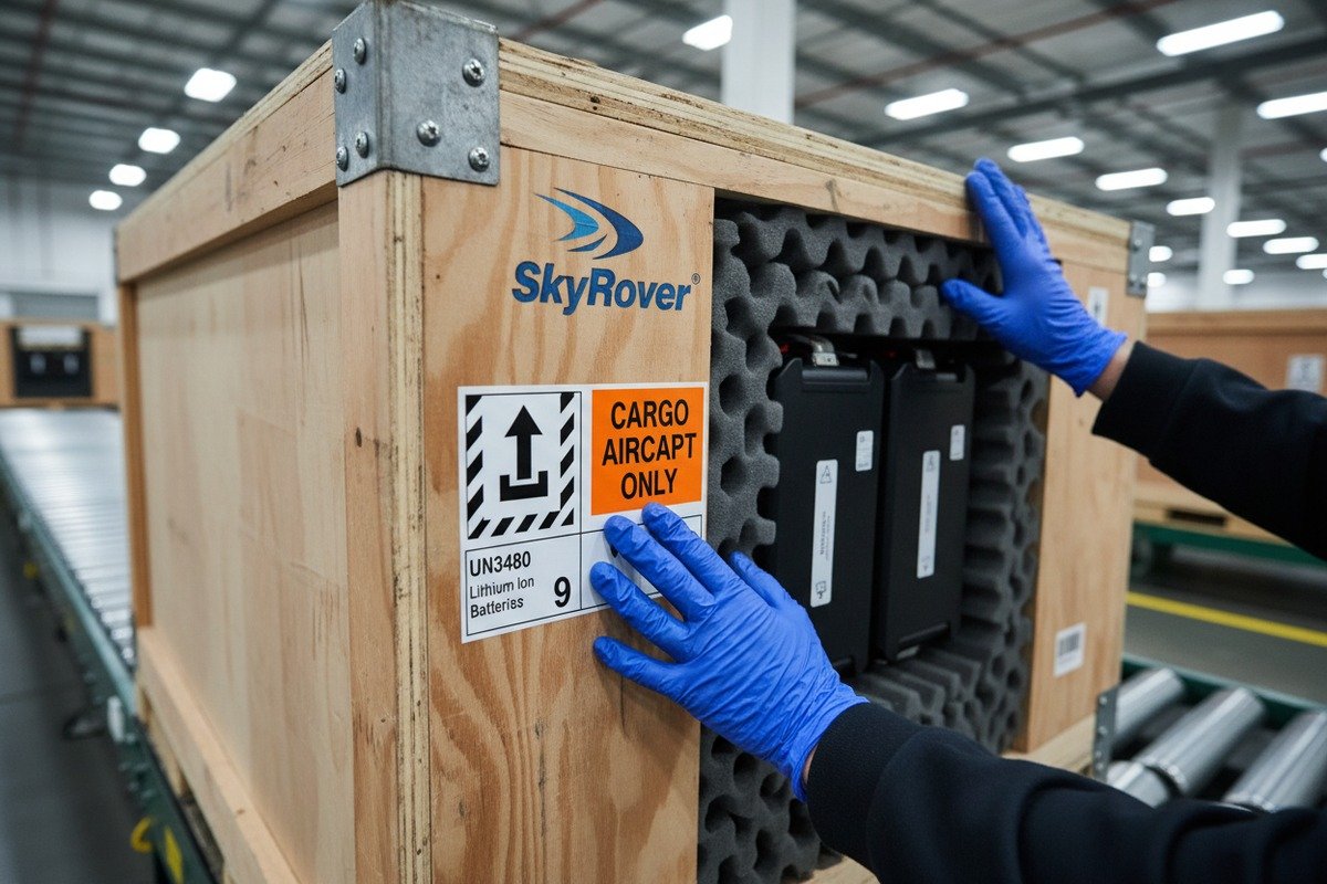 Proper packaging and labeling for firefighting drone batteries following IATA air freight safety regulations (ID#3)