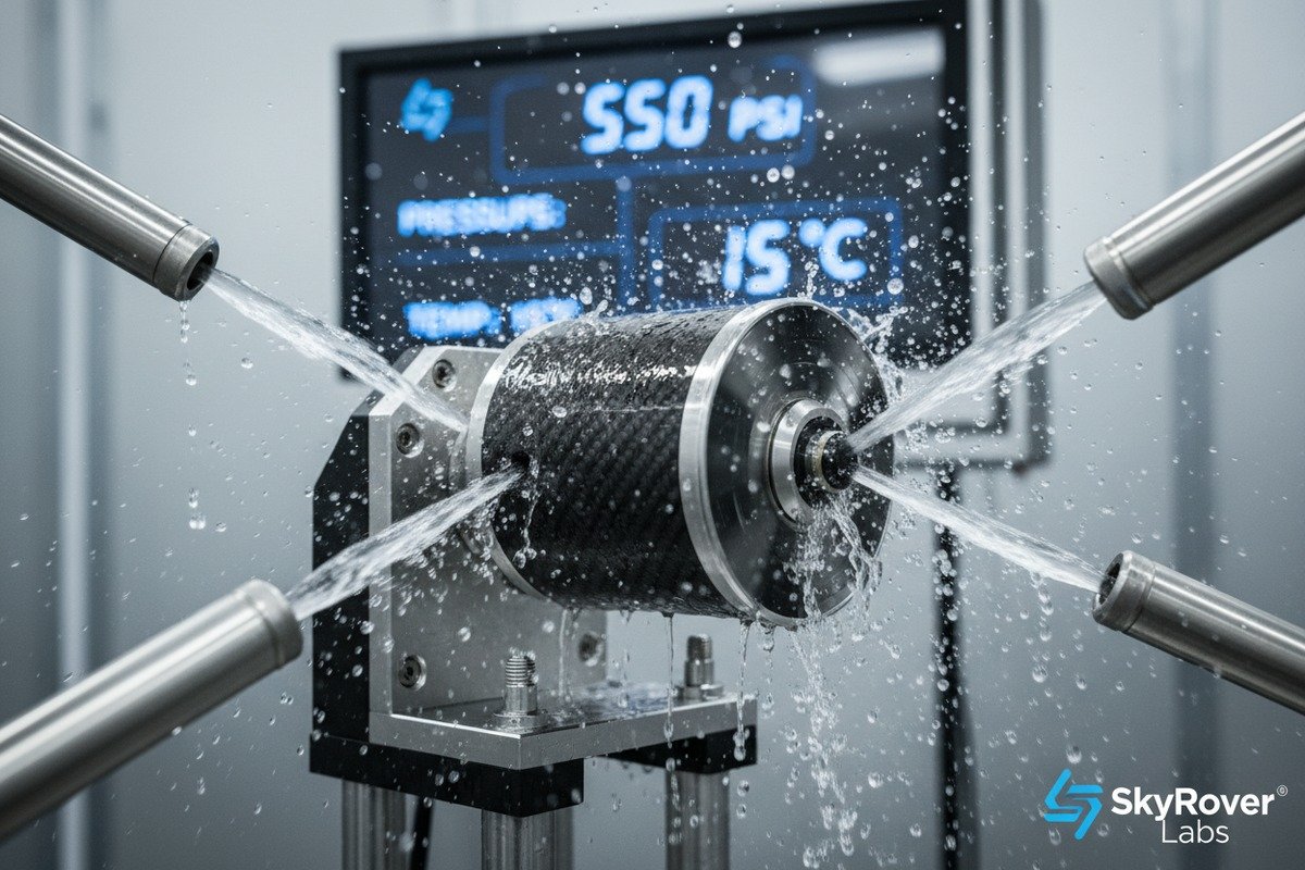 Detailed motor waterproof test video showing water spray pressure and seal integrity checks (ID#2)