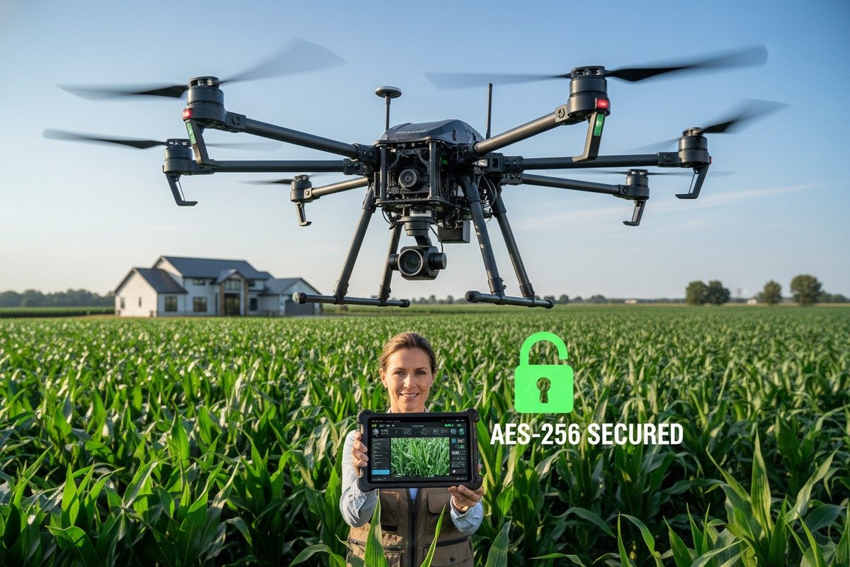 Agricultural drone data link encryption features protecting sensitive customer information during purchase (ID#1)