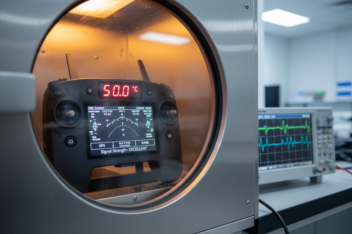 High-Heat Signal Stability Verification Verifying drone remote controller signal stability in a thermal chamber at high temperatures (ID#2)