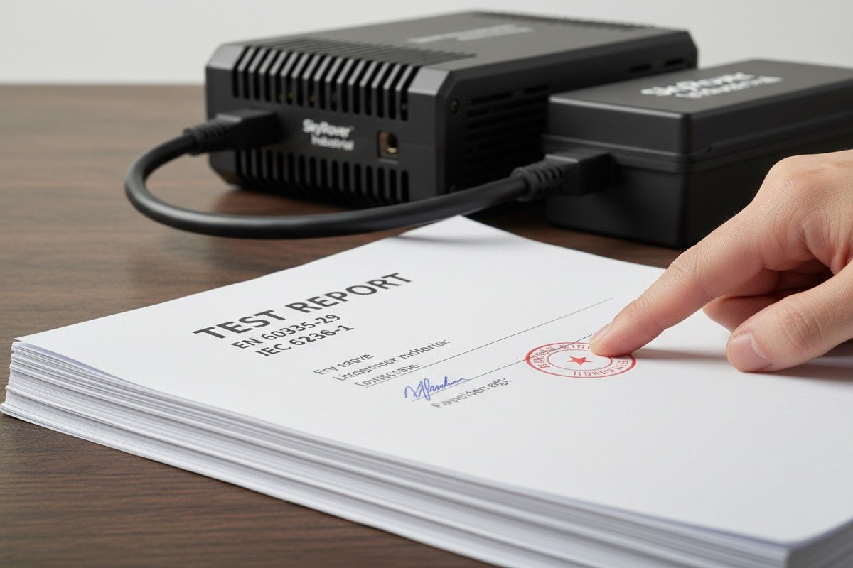 Essential documents for drone charger LVD compliance including EU Declaration of Conformity and test reports (ID#2)