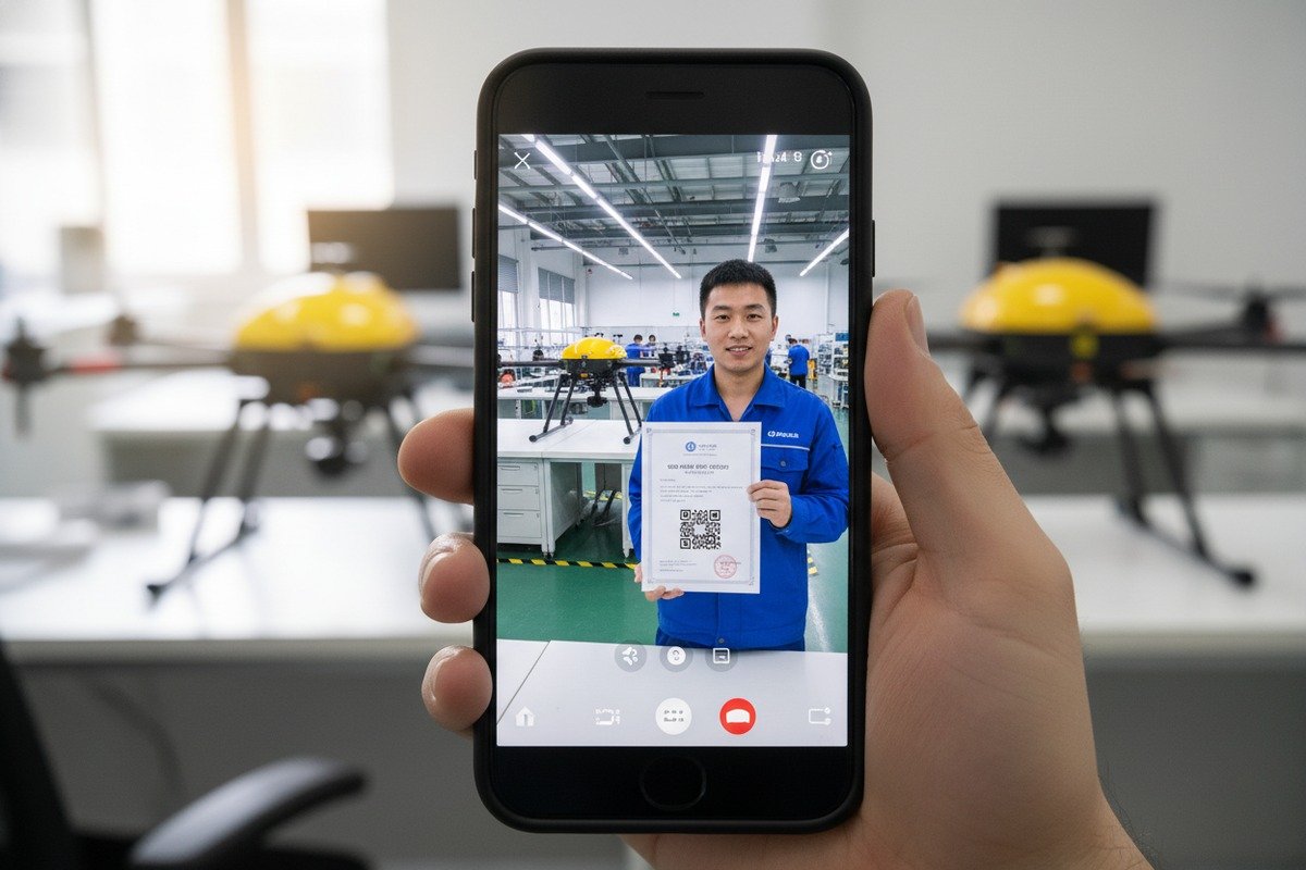 Verifying drone manufacturer factory and certifications through real-time WeChat video tours (ID#2)