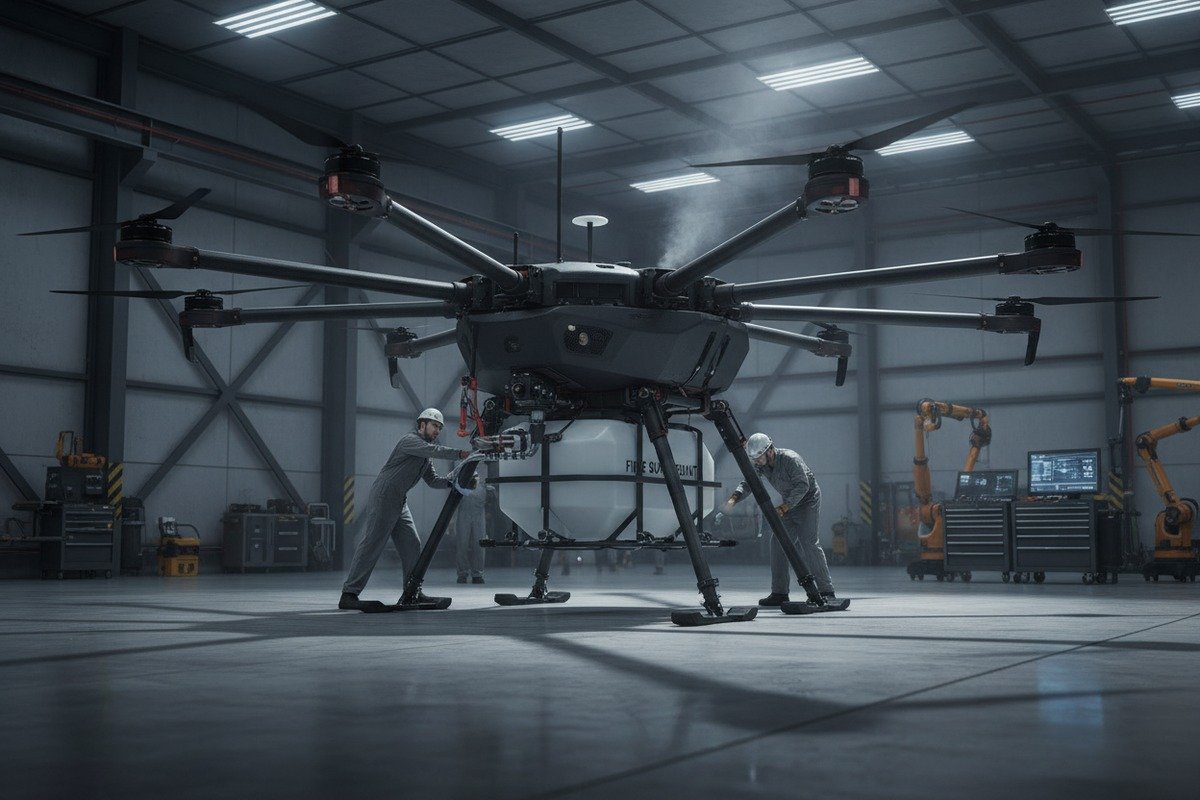 Heavy payload support landing gear matching maximum takeoff weight for firefighting drone operations (ID#4)